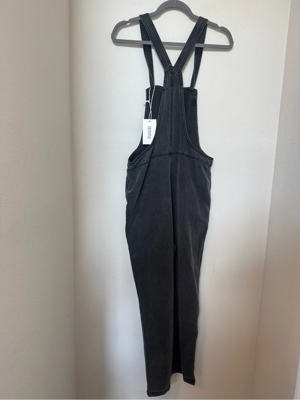 Zenana Washed Black Knot Strap Relaxed Fit Overalls NWT
